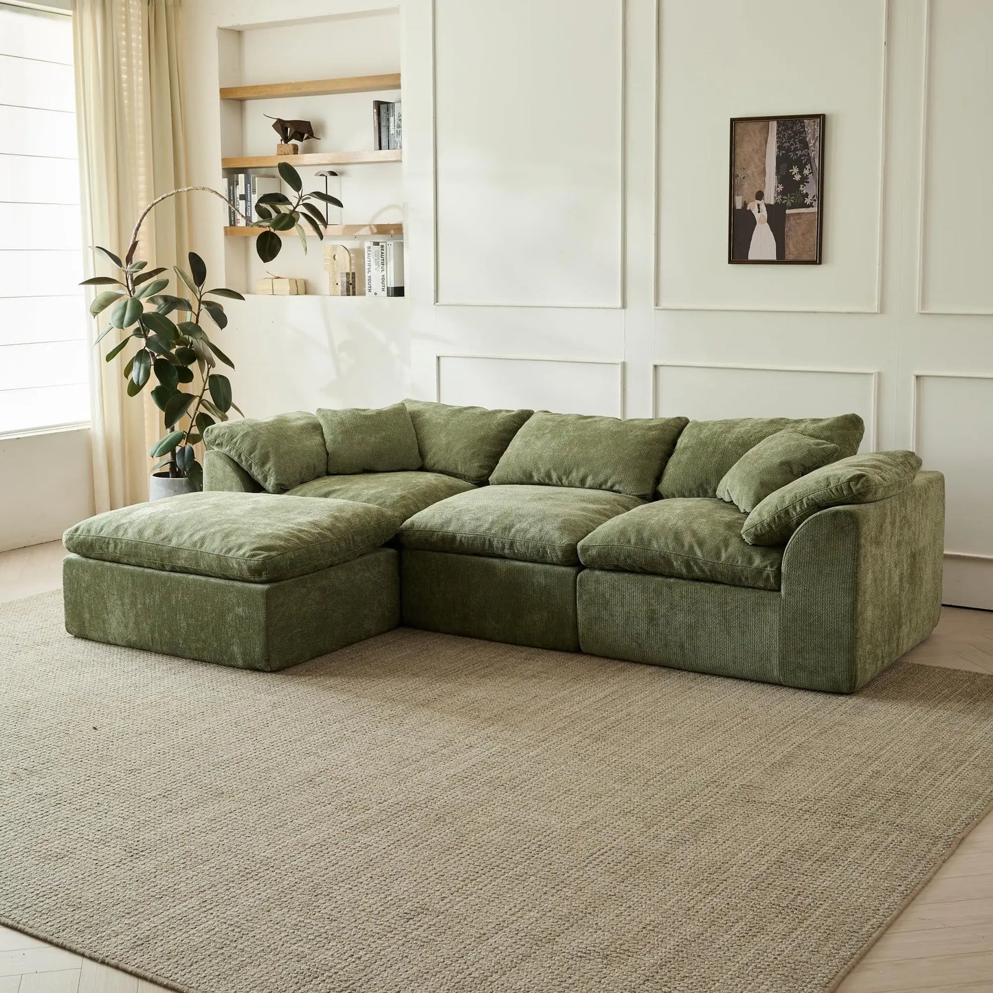 109" Cloud Modular Sectional Sofa with Ottoman – Oversized Deep Seat L-Shaped Chenille Couch, 3-Seater Living Room Sofa (Green)