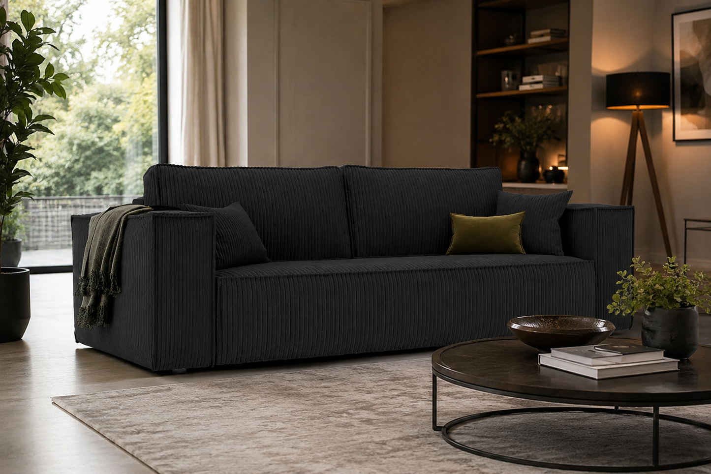 Modern 3-Seater Corduroy Sofa Bed with Hidden Storage – Convertible Sleeper Couch for Living Room, Black