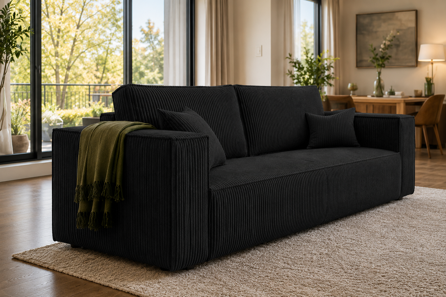 Modern 3-Seater Corduroy Sofa Bed with Hidden Storage – Convertible Sleeper Couch for Living Room, Black