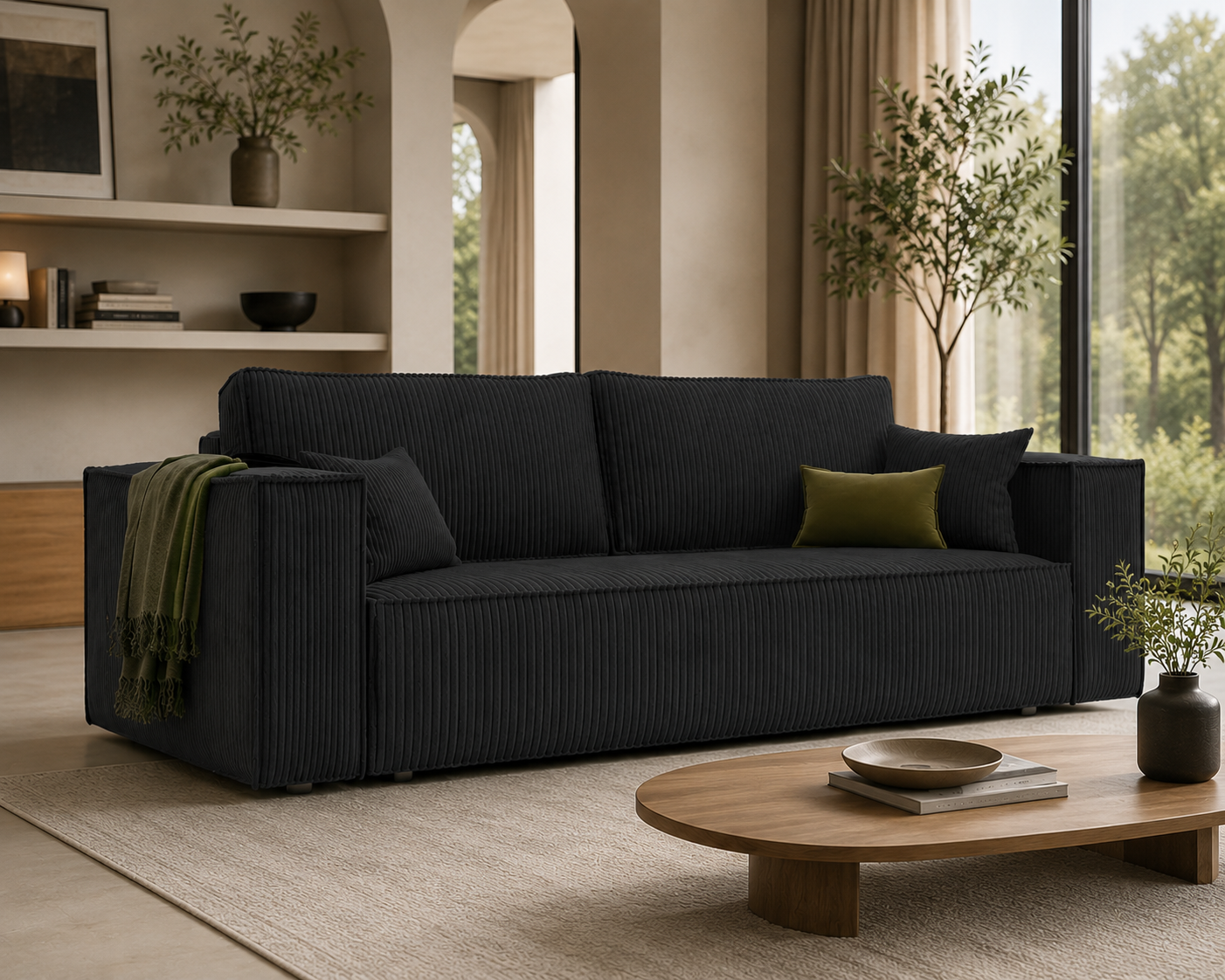 Modern 3-Seater Corduroy Sofa Bed with Hidden Storage – Convertible Sleeper Couch for Living Room, Black