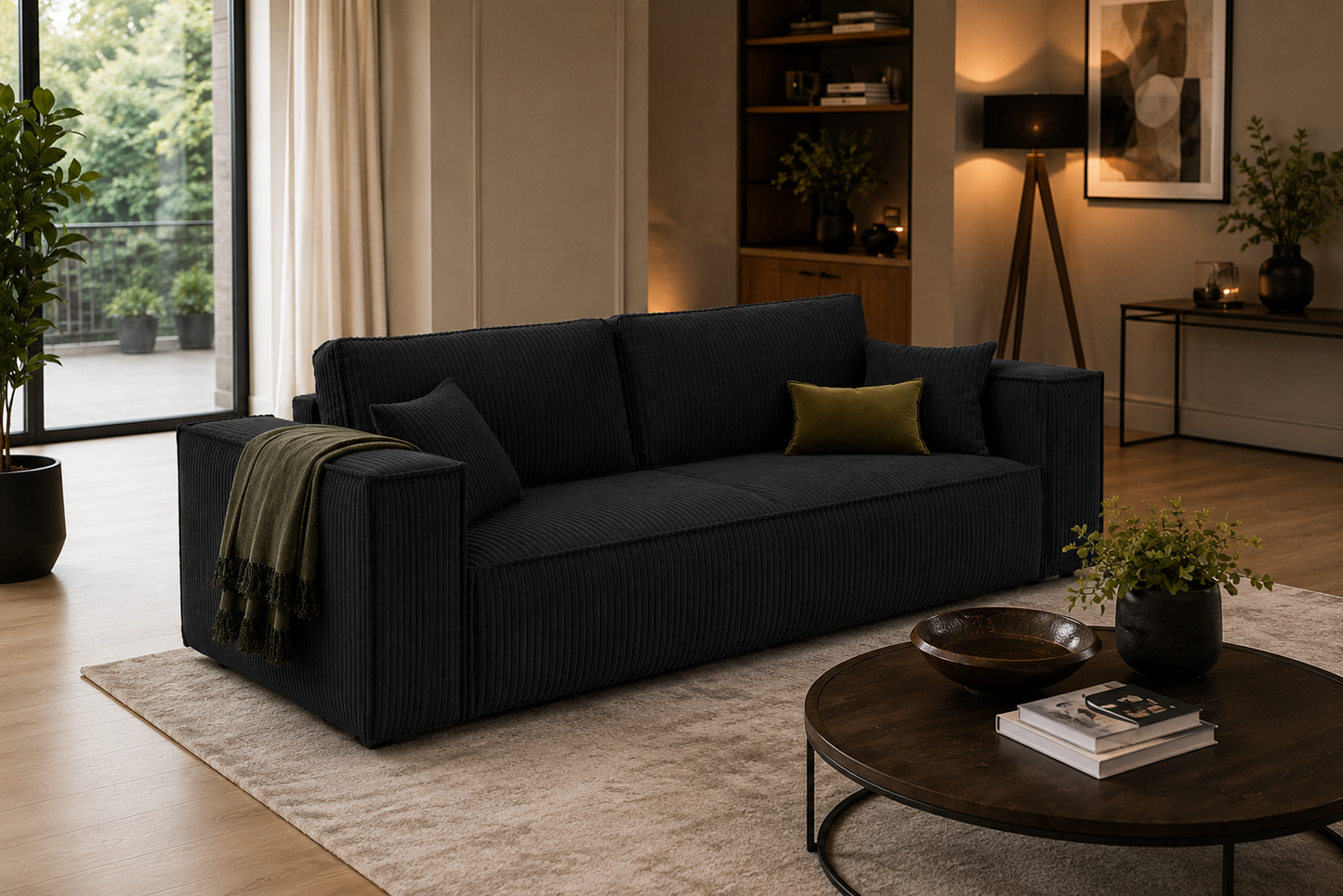 Modern 3-Seater Corduroy Sofa Bed with Hidden Storage – Convertible Sleeper Couch for Living Room, Black