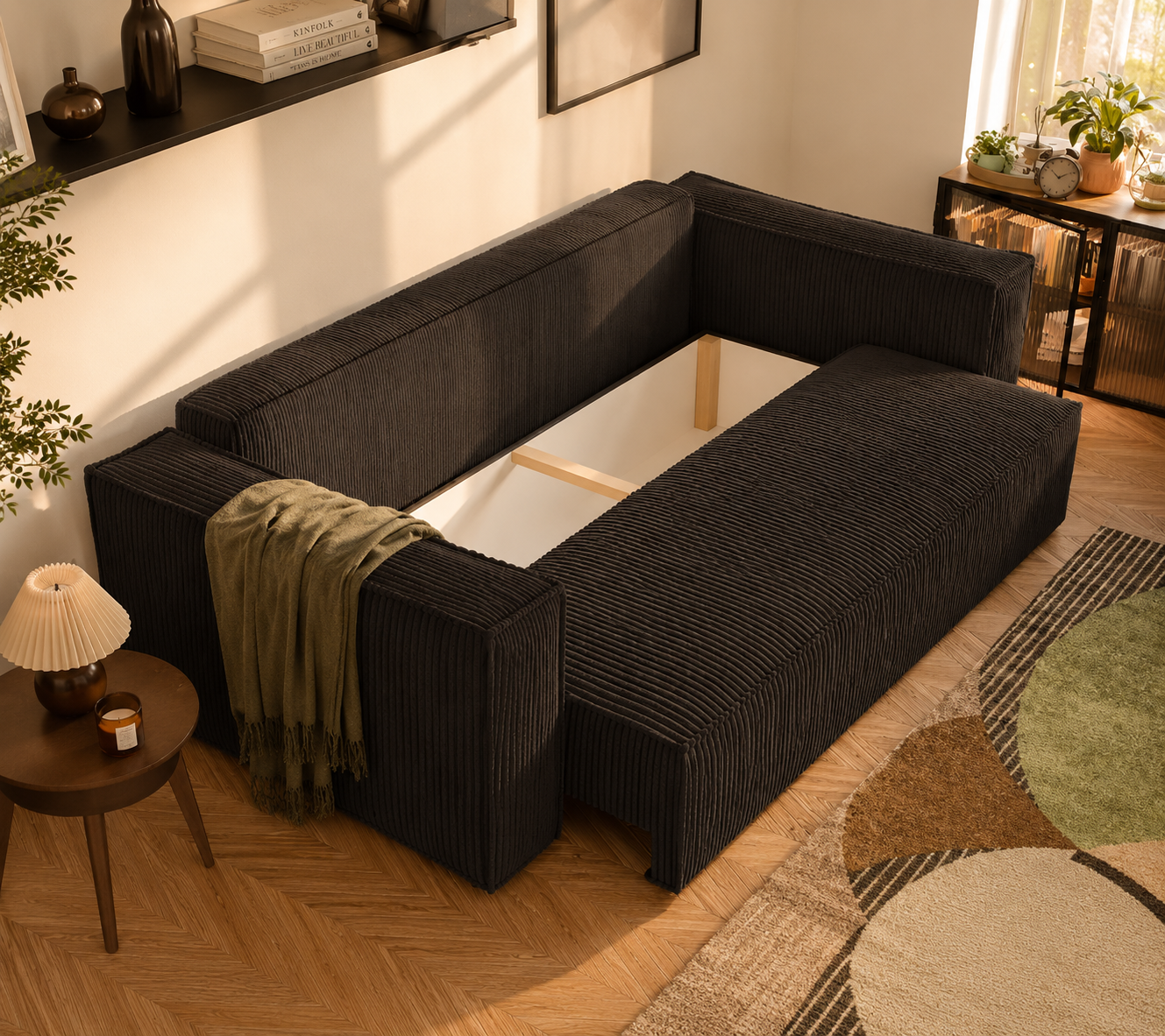 Modern 3-Seater Corduroy Sofa Bed with Hidden Storage – Convertible Sleeper Couch for Living Room, Black