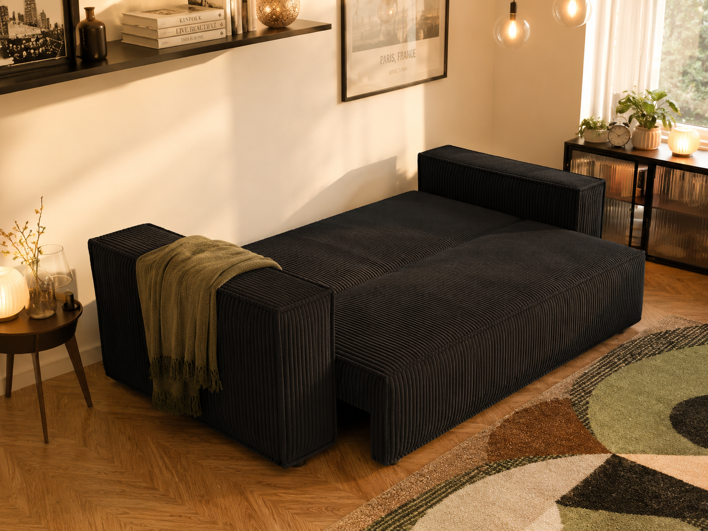 Modern 3-Seater Corduroy Sofa Bed with Hidden Storage – Convertible Sleeper Couch for Living Room, Black