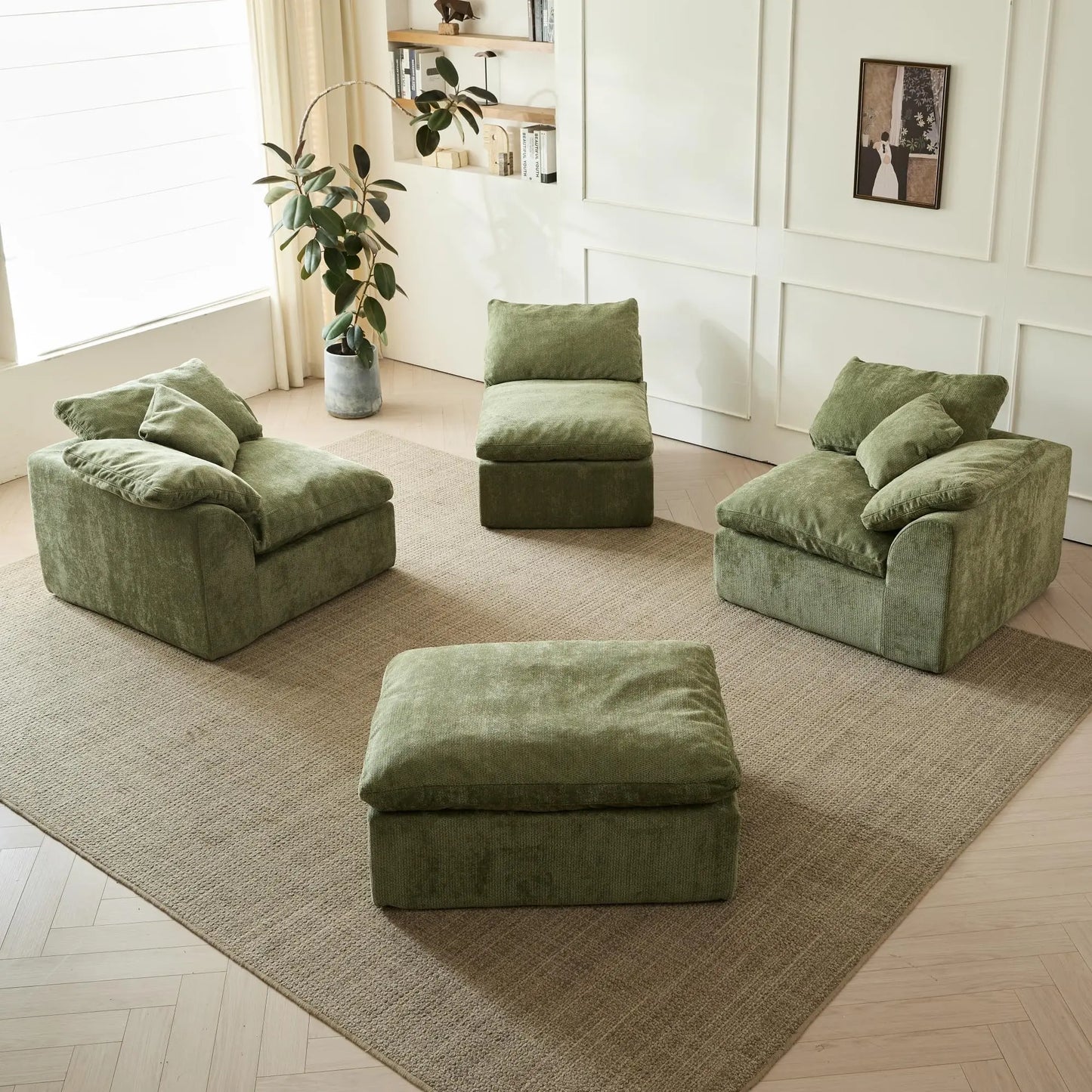 109" Cloud Modular Sectional Sofa with Ottoman – Oversized Deep Seat L-Shaped Chenille Couch, 3-Seater Living Room Sofa (Green)