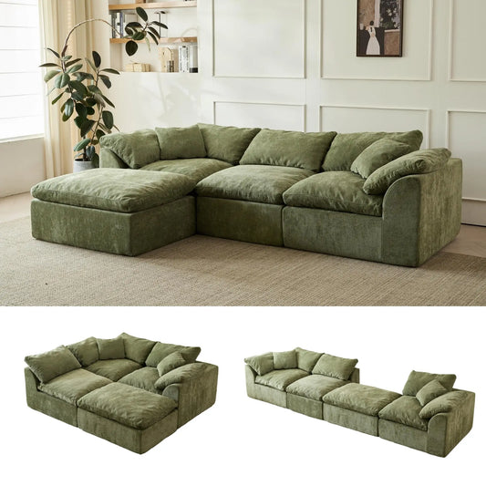 109" Cloud Modular Sectional Sofa with Ottoman – Oversized Deep Seat L-Shaped Chenille Couch, 3-Seater Living Room Sofa (Green)