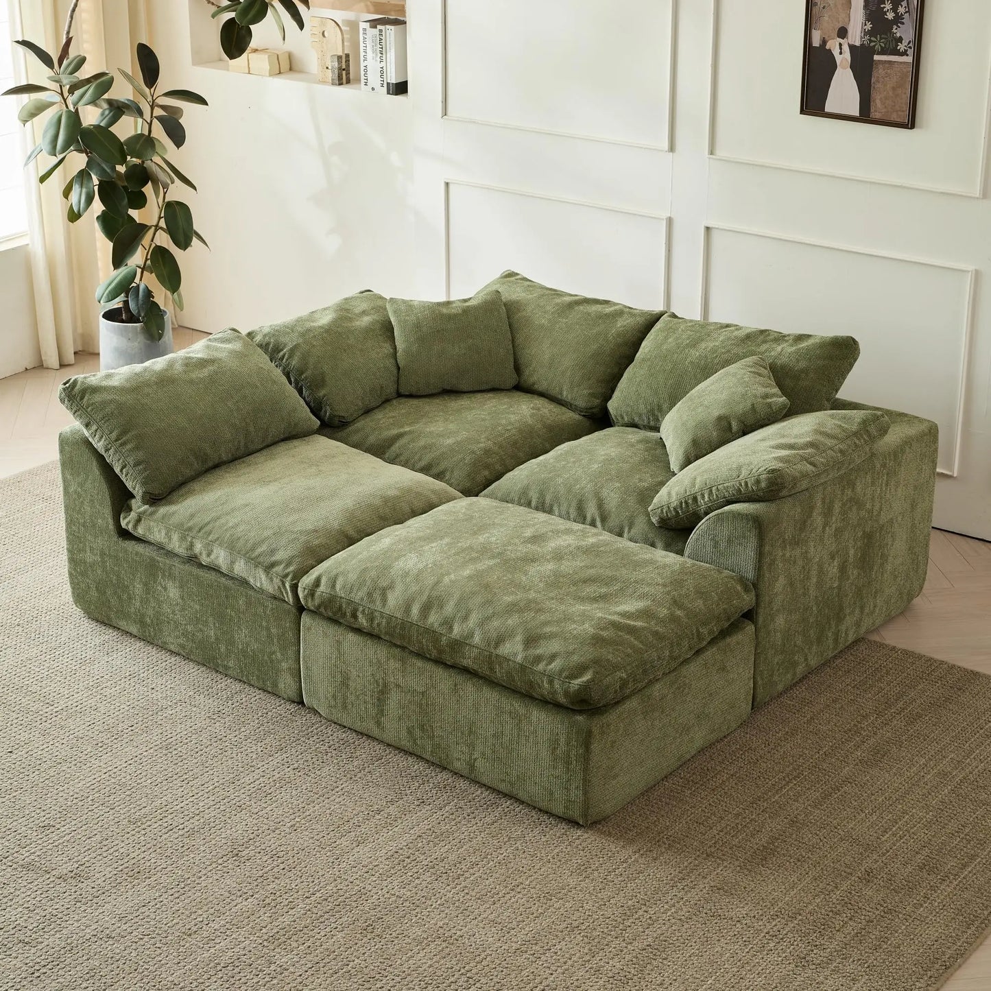 109" Cloud Modular Sectional Sofa with Ottoman – Oversized Deep Seat L-Shaped Chenille Couch, 3-Seater Living Room Sofa (Green)