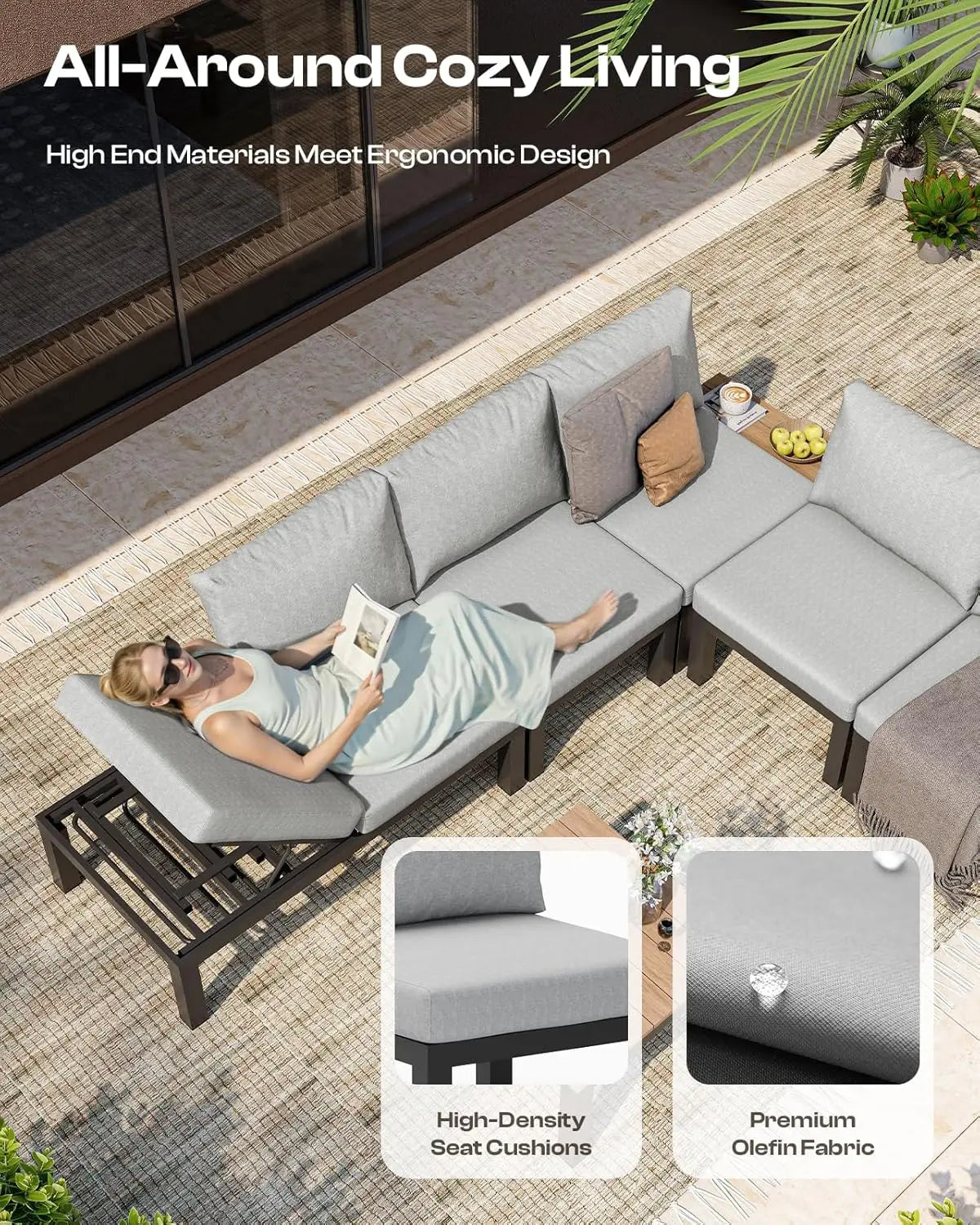 Aluminum Outdoor Patio Furniture Set – 6-Seat Modular Sectional Sofa with Adjustable Backrests