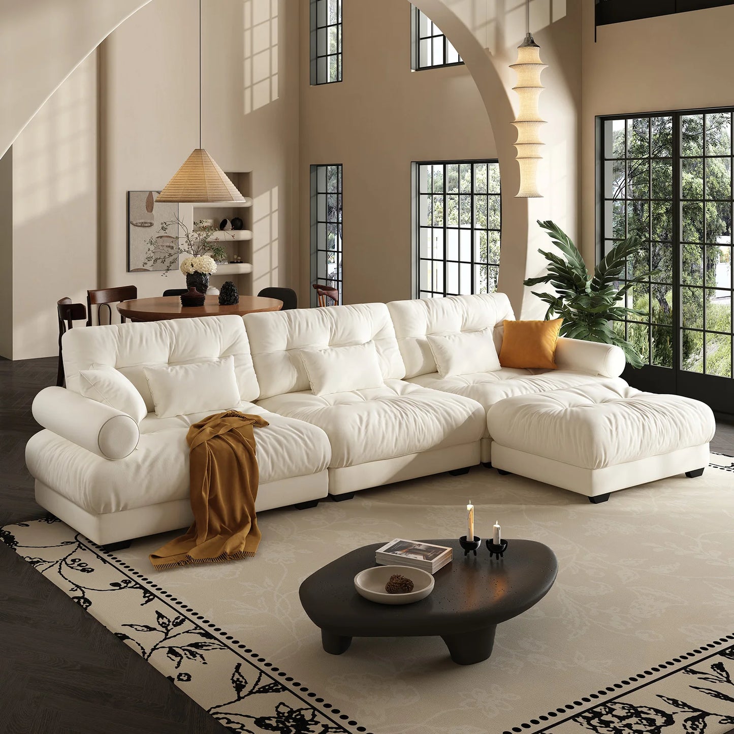 130" Cloud Comfort Modular Sectional Sofa with Ottoman | Oversized Deep Seat Velvet Couch