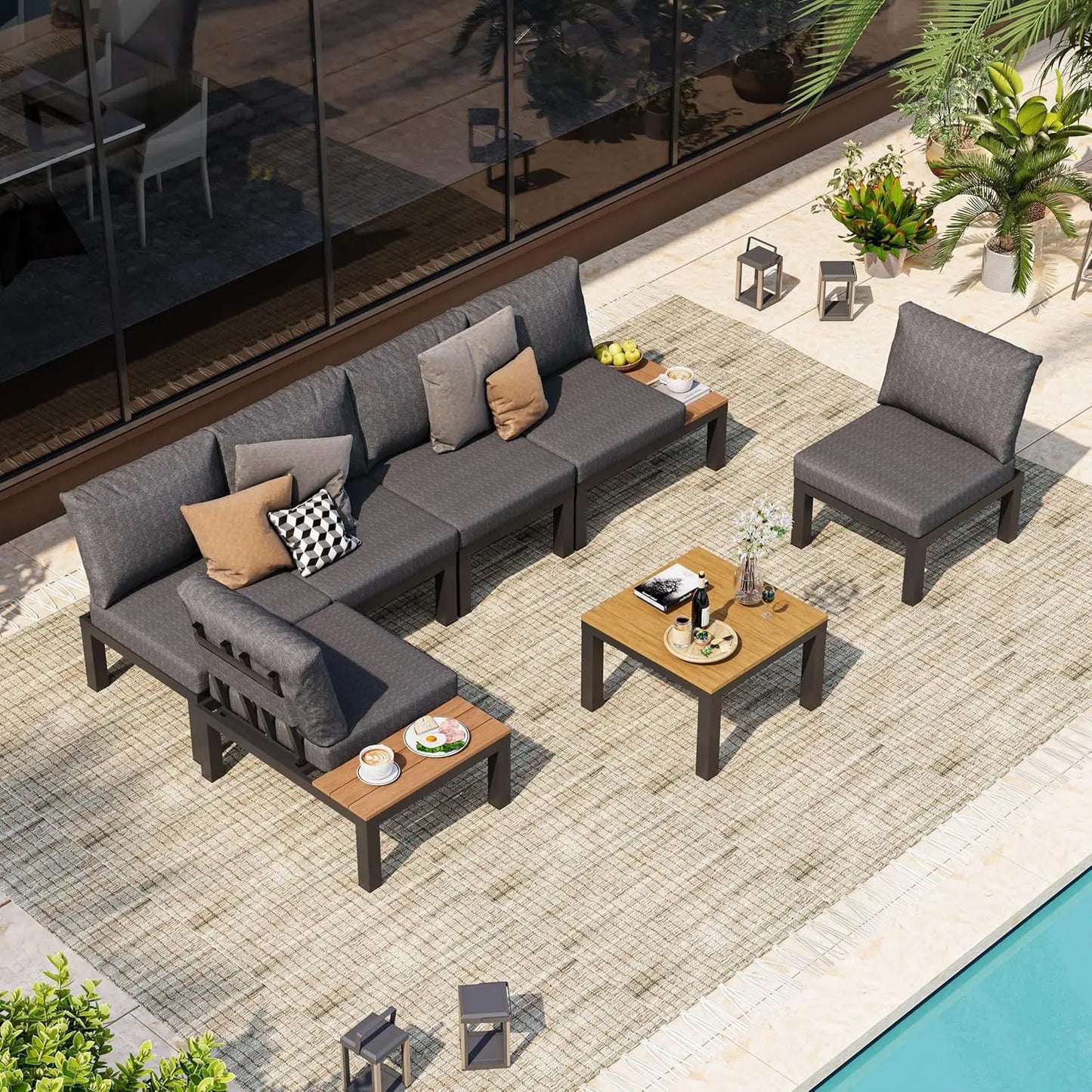 Aluminum Outdoor Patio Furniture Set – 6-Seat Modular Sectional Sofa with Adjustable Backrests