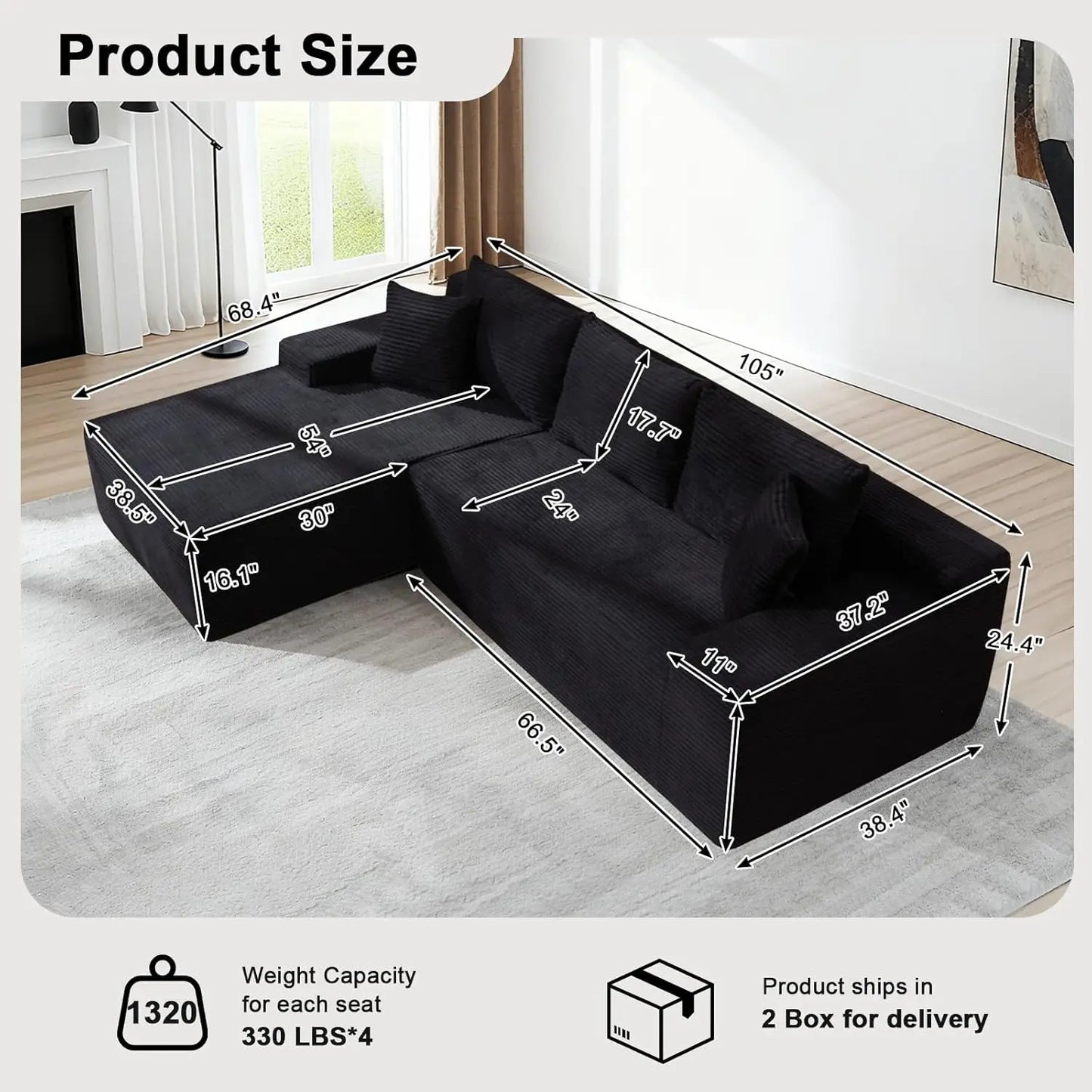 Modular Cloud Sectional Sofa – Oversized Reversible L-Shaped Corduroy Couch with Chaise for Living Room