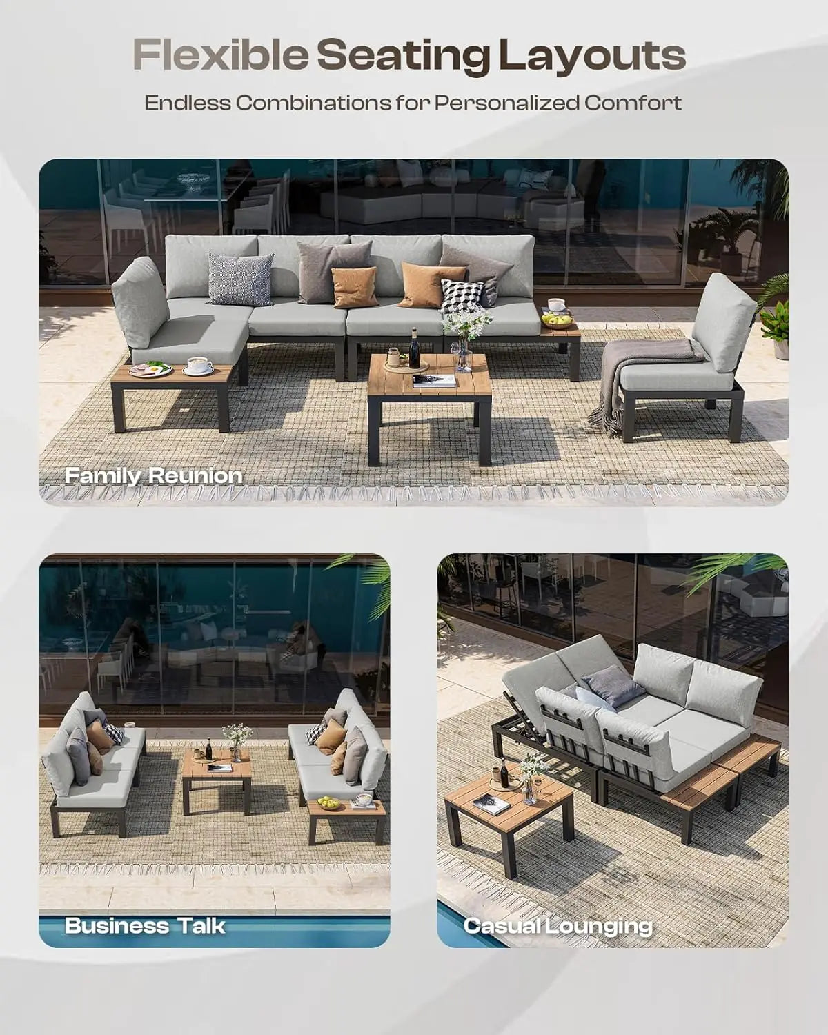 Aluminum Outdoor Patio Furniture Set – 6-Seat Modular Sectional Sofa with Adjustable Backrests