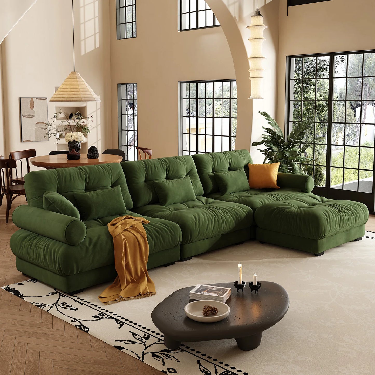 130" Cloud Comfort Modular Sectional Sofa with Ottoman | Oversized Deep Seat Velvet Couch