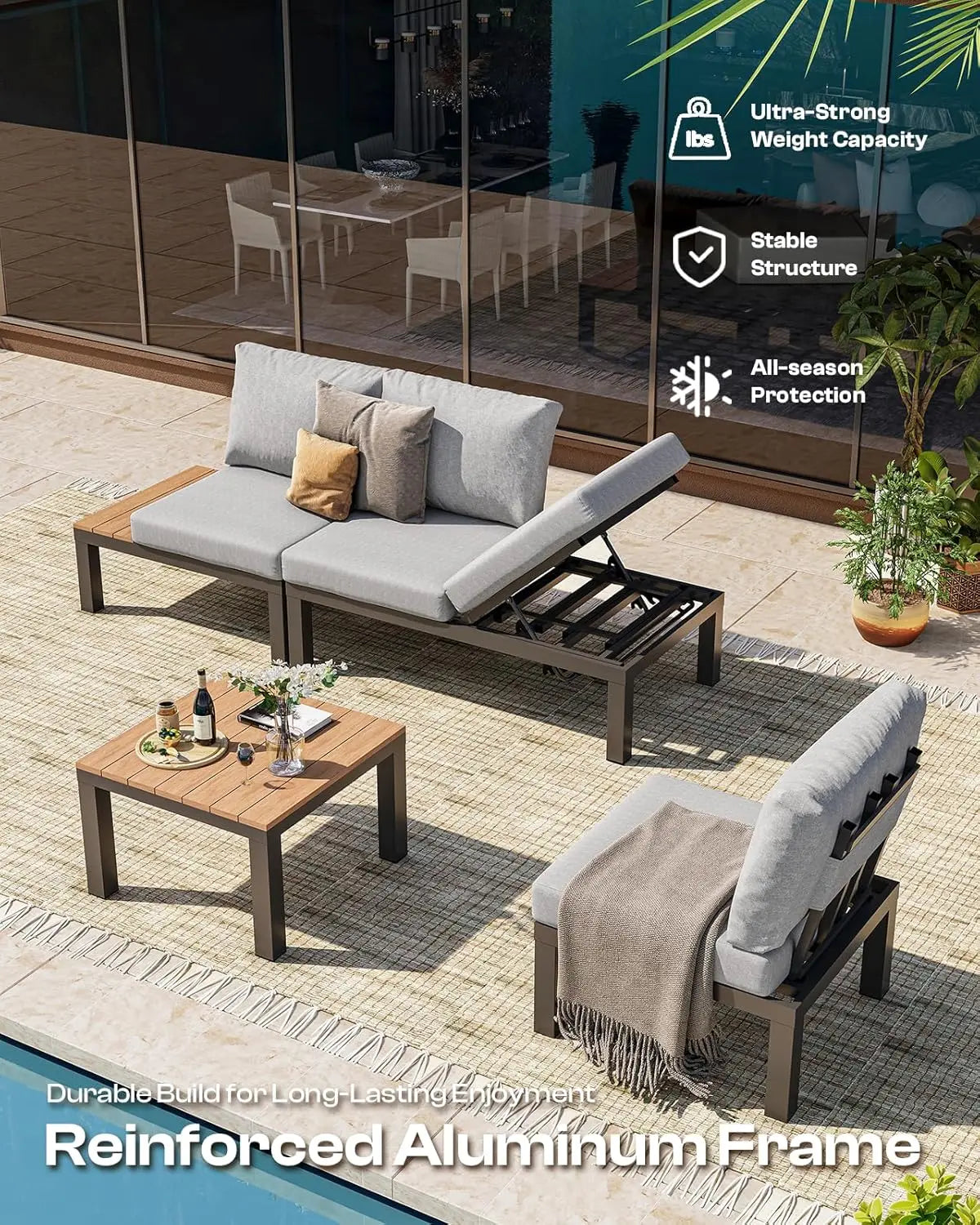 Aluminum Outdoor Patio Furniture Set – 6-Seat Modular Sectional Sofa with Adjustable Backrests