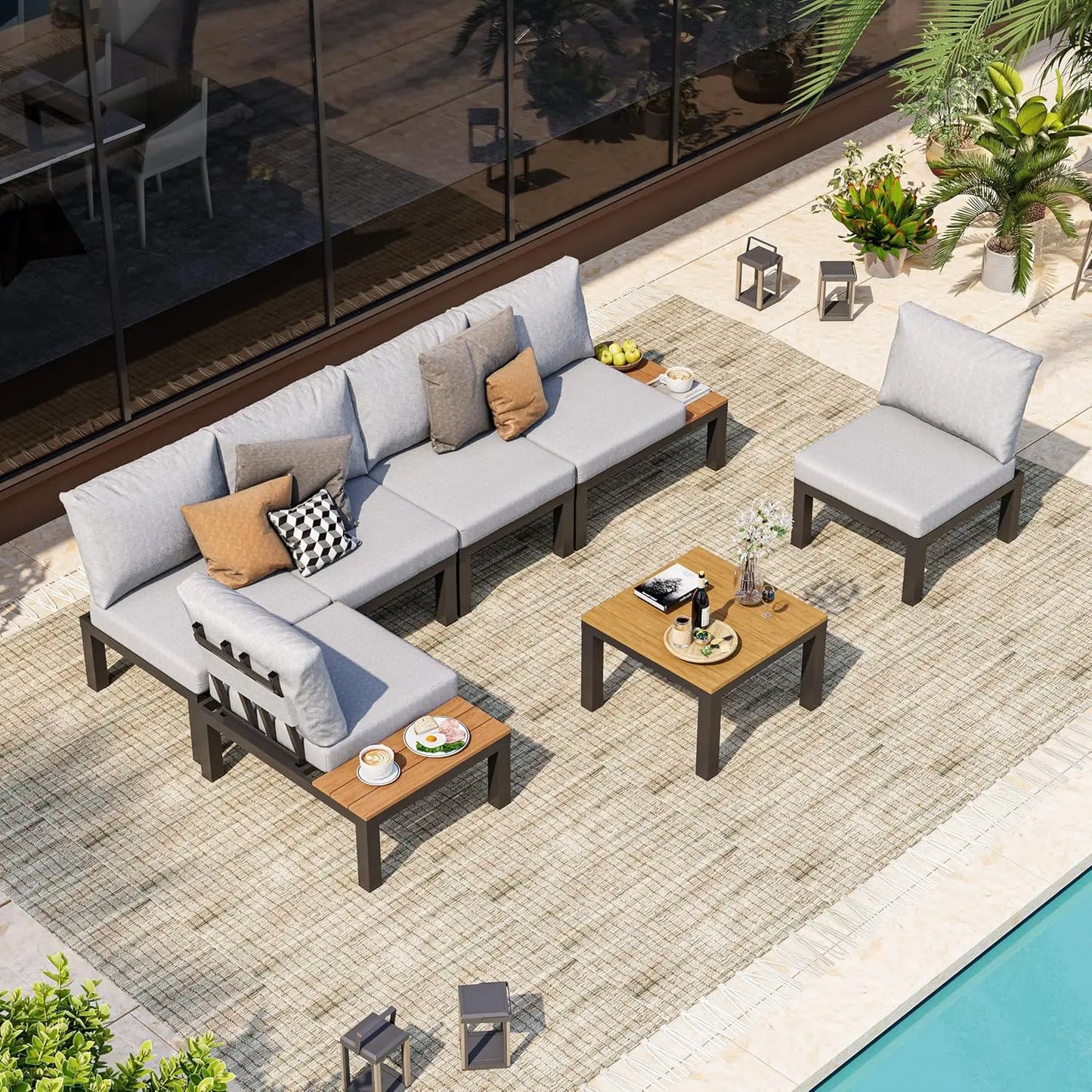 Aluminum Outdoor Patio Furniture Set – 6-Seat Modular Sectional Sofa with Adjustable Backrests