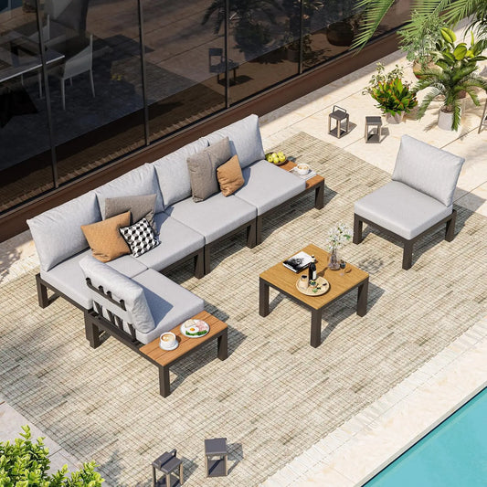 Aluminum Outdoor Patio Furniture Set – 6-Seat Modular Sectional Sofa with Adjustable Backrests