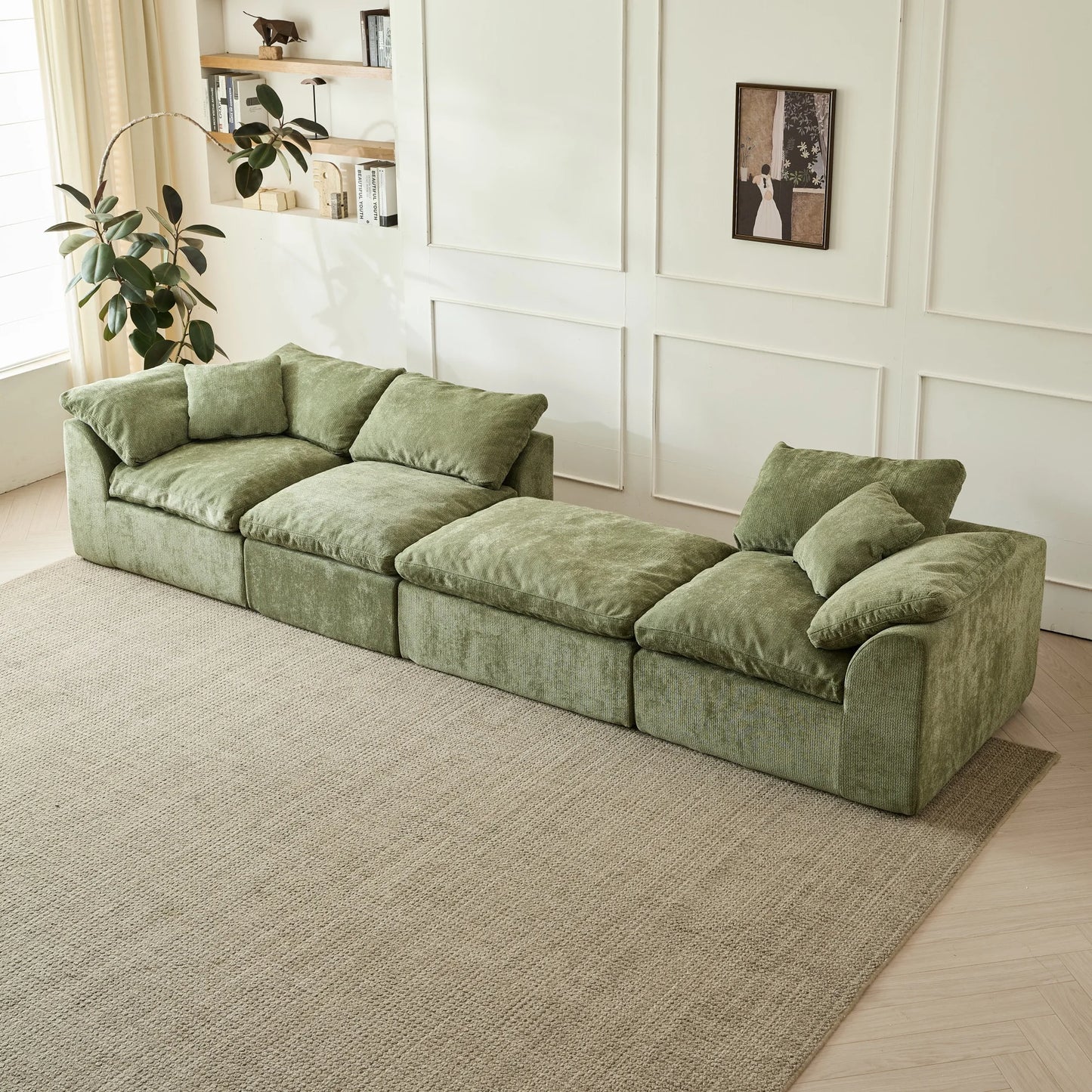 109" Cloud Modular Sectional Sofa with Ottoman – Oversized Deep Seat L-Shaped Chenille Couch, 3-Seater Living Room Sofa (Green)